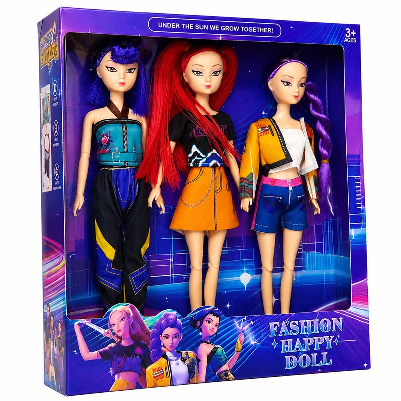 K-POP Demon Hunters Fashion Happy Doll Pack Of 3 Dolls Rumi, Mira, Zoey Length Approx. 30 cm Moveable Joints & Head